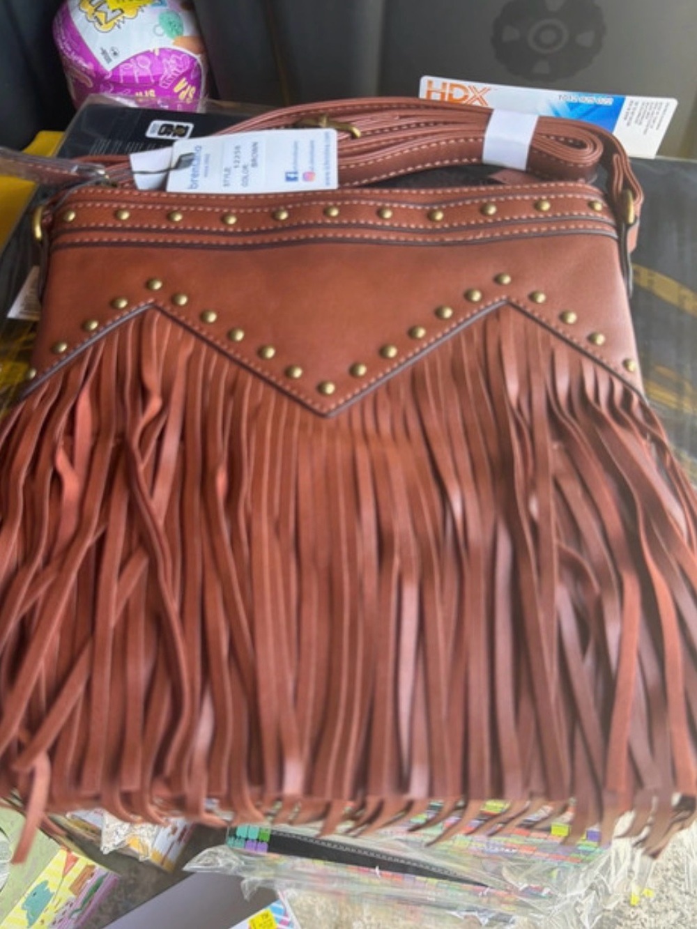 Fringed Shoulder Crossbody Bag in Warm Brown